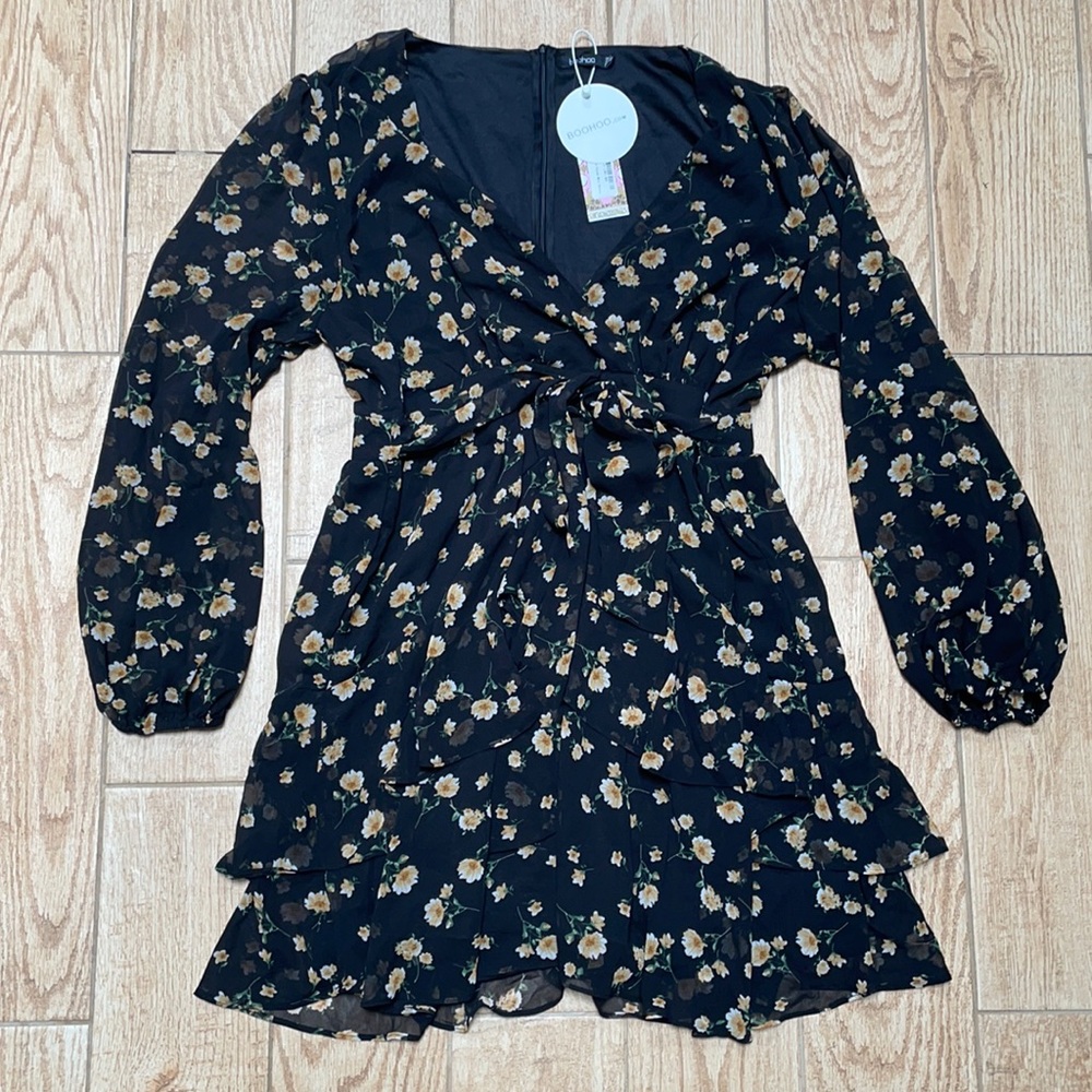 boohoo Plus ruffle hem floral mini dress.